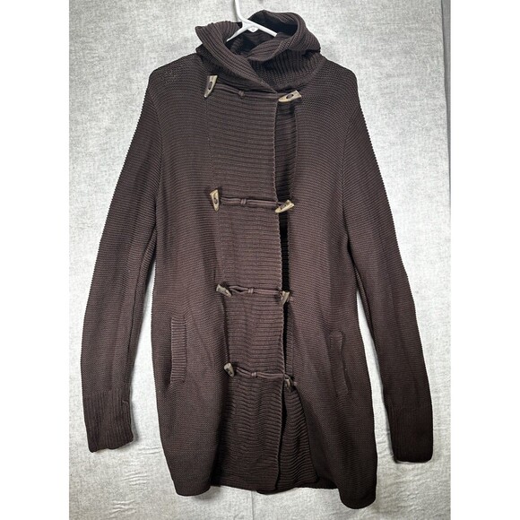Lands End Hooded Cardigan Sweater Womens M Brown Cottagecore Grunge Toggle - Picture 1 of 8